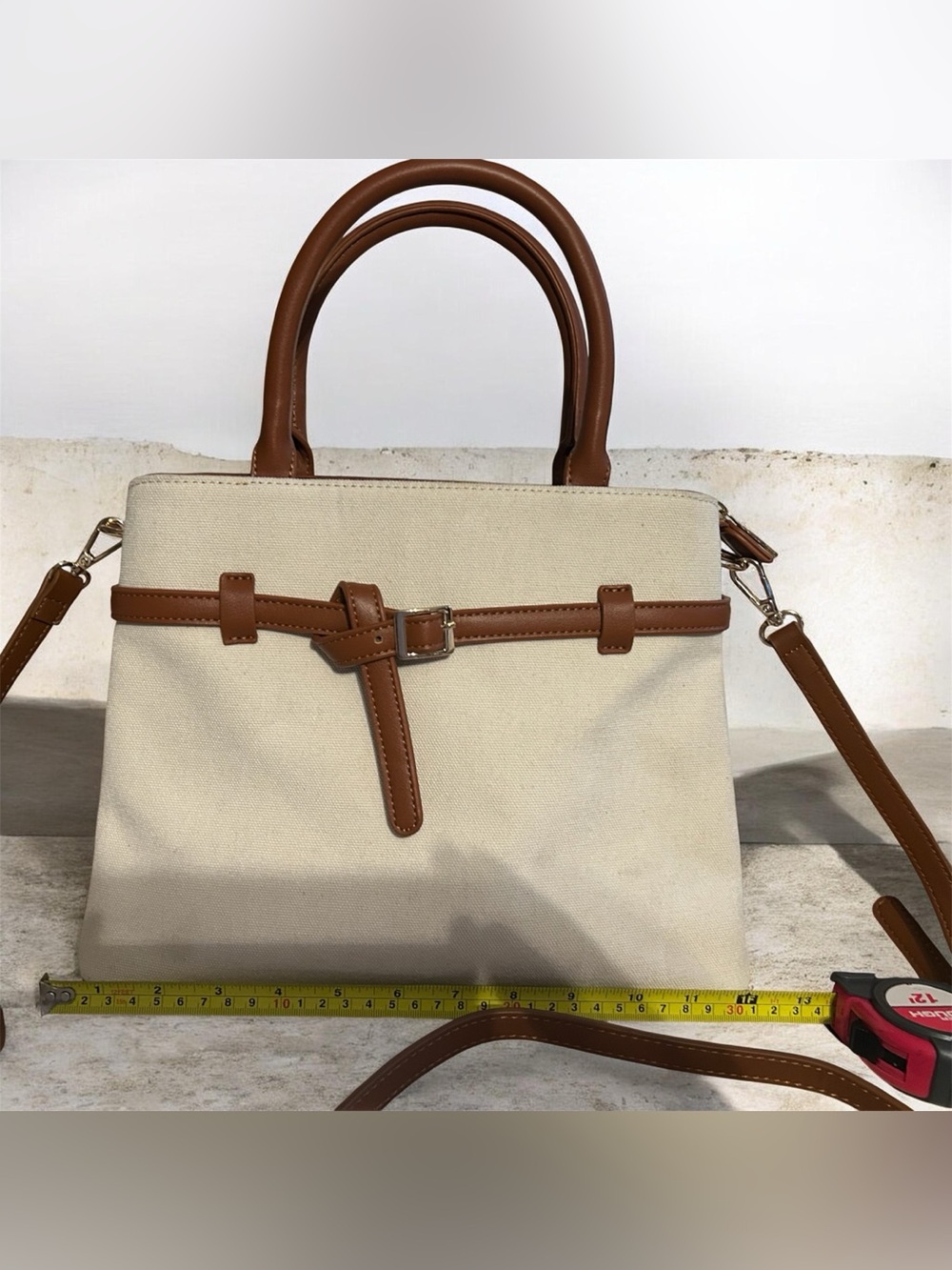 Canvas Tote Handbag in Beige with Brown Trim